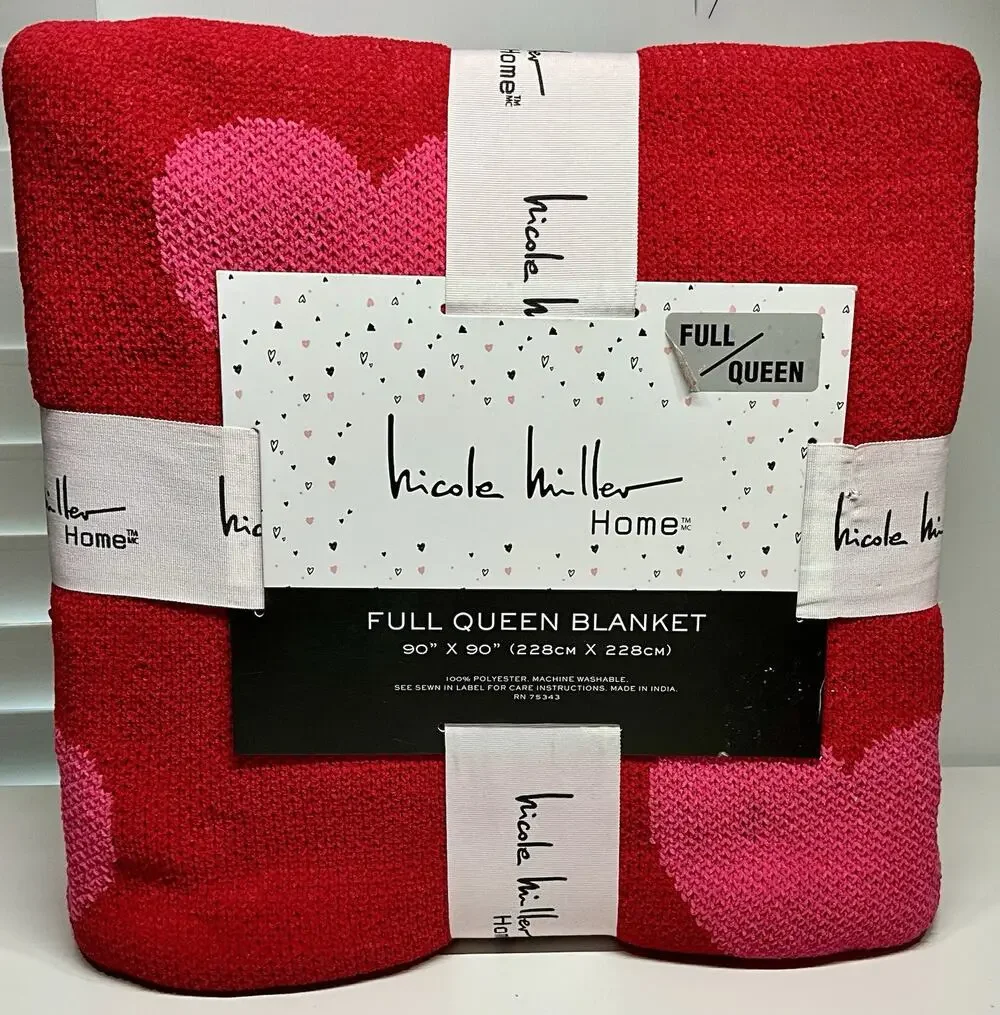 Nicole Miller Blanket Full/Queen Hearts RED PINK 90”x90” Super Soft NEW!